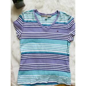 Tommy Hilfiger Women's Striped V-Neck Short Sleeve T-Shirt Large